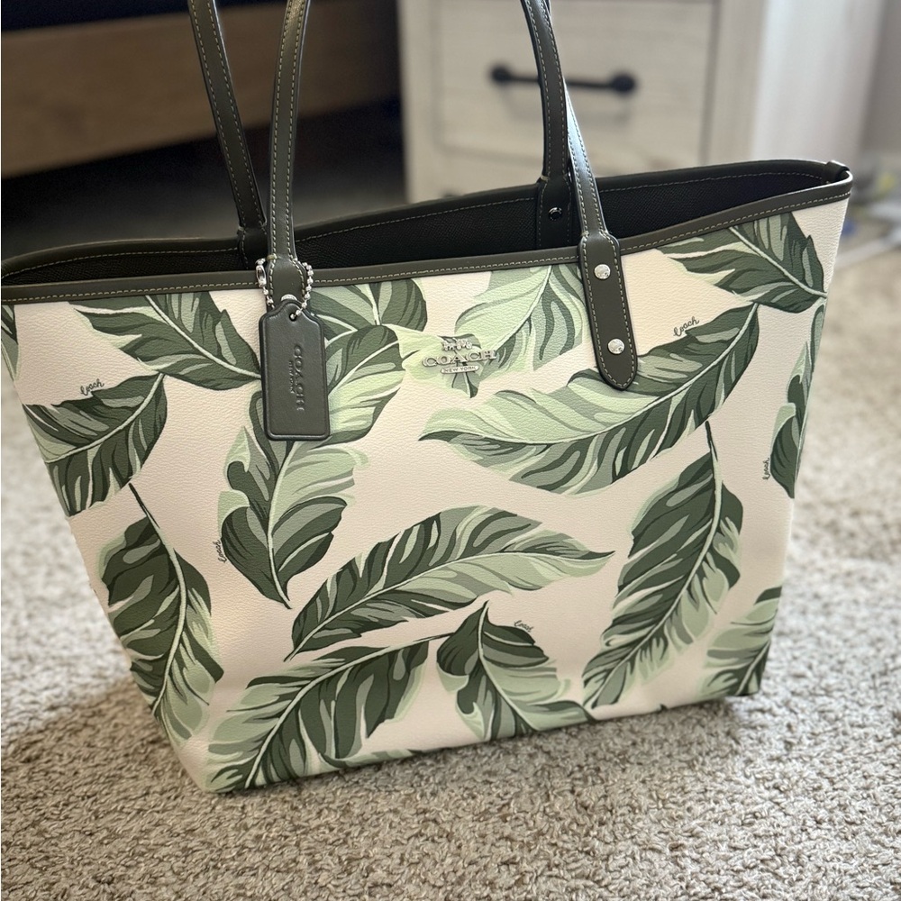 Coach Cream and Green Leaf Tote Bag